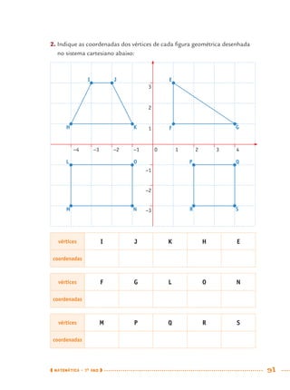 MATEMÁTICA · 7O
ANO 91
2. Indique as coordenadas dos vértices de cada ﬁgura geométrica desenhada
no sistema cartesiano abaixo:
−4 −3 −2 −1 0 1 2 3 4
3
2
1
−1
−2
−3
H
L O P Q
SRM N
K G
I E
F
J
vértices I J K H E
coordenadas
vértices F G L O N
coordenadas
vértices M P Q R S
coordenadas
MAT7ºANO.indd 91MAT7ºANO.indd 91 9/15/10 2:48 PM9/15/10 2:48 PM
 