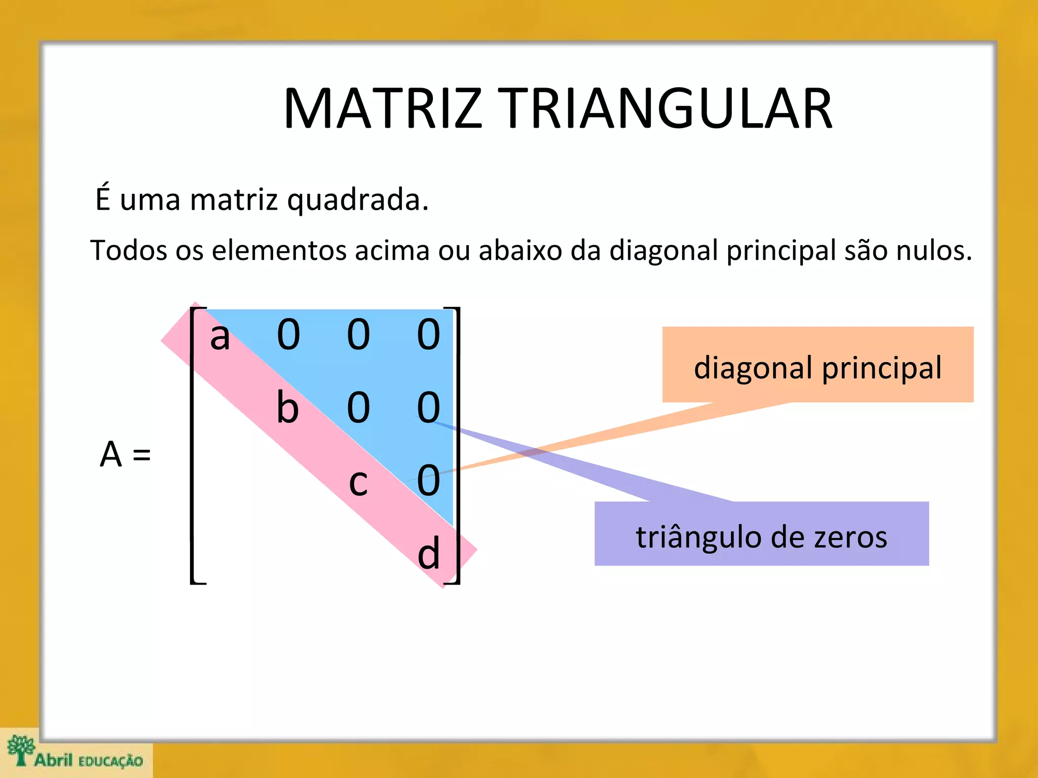 MATRIZ TRIANGULAR
É uma matriz quadrada.
Todos os elementos acima ou abaixo da diagonal principal são nulos.

a 0 0 0 
 b 0 0


A=

c 0


d


diagonal principal

triângulo de zeros

 