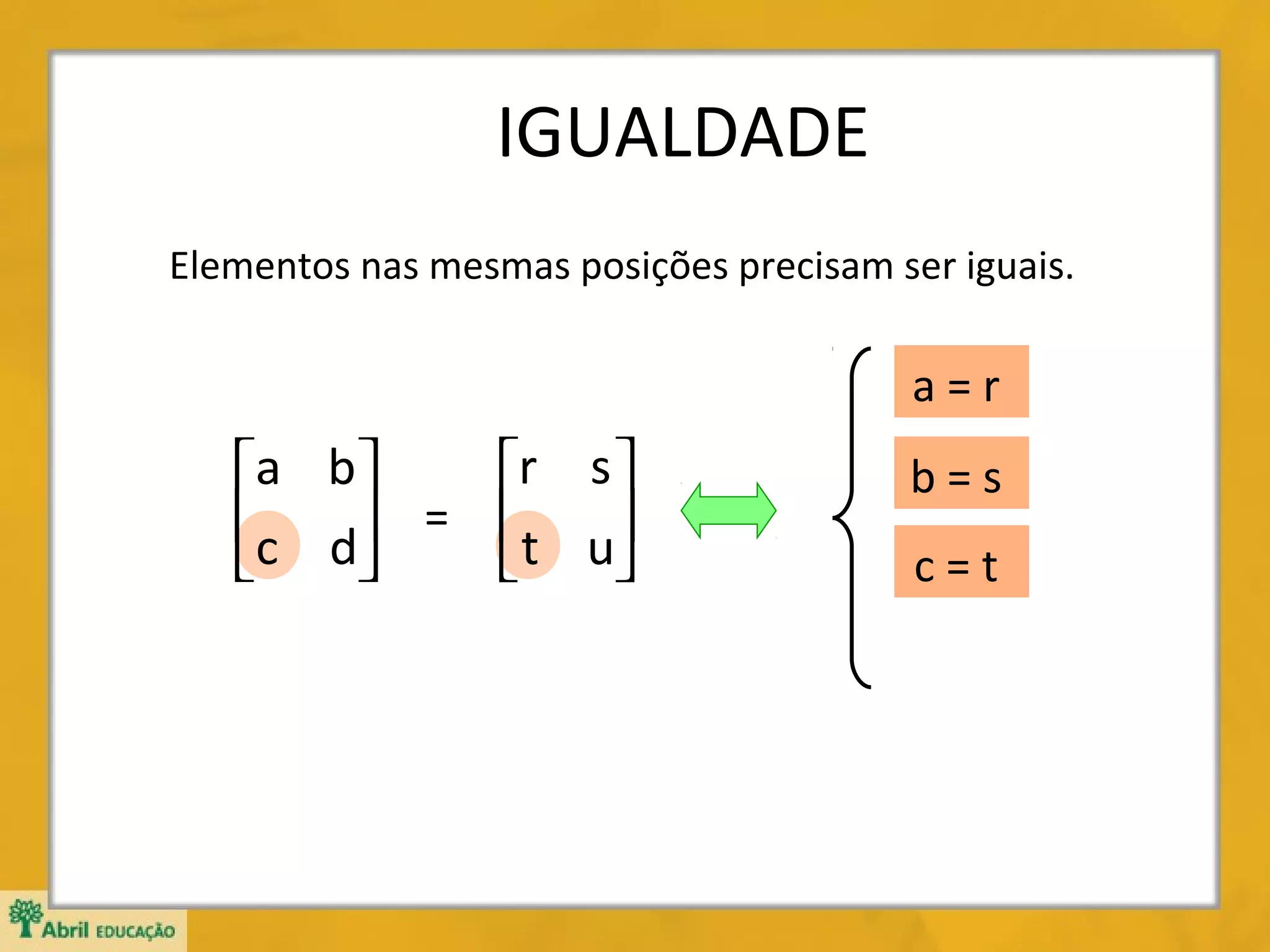 IGUALDADE
Elementos nas mesmas posições precisam ser iguais.

a=r

r s 
a b
c d = t u





b=s
c=t

 