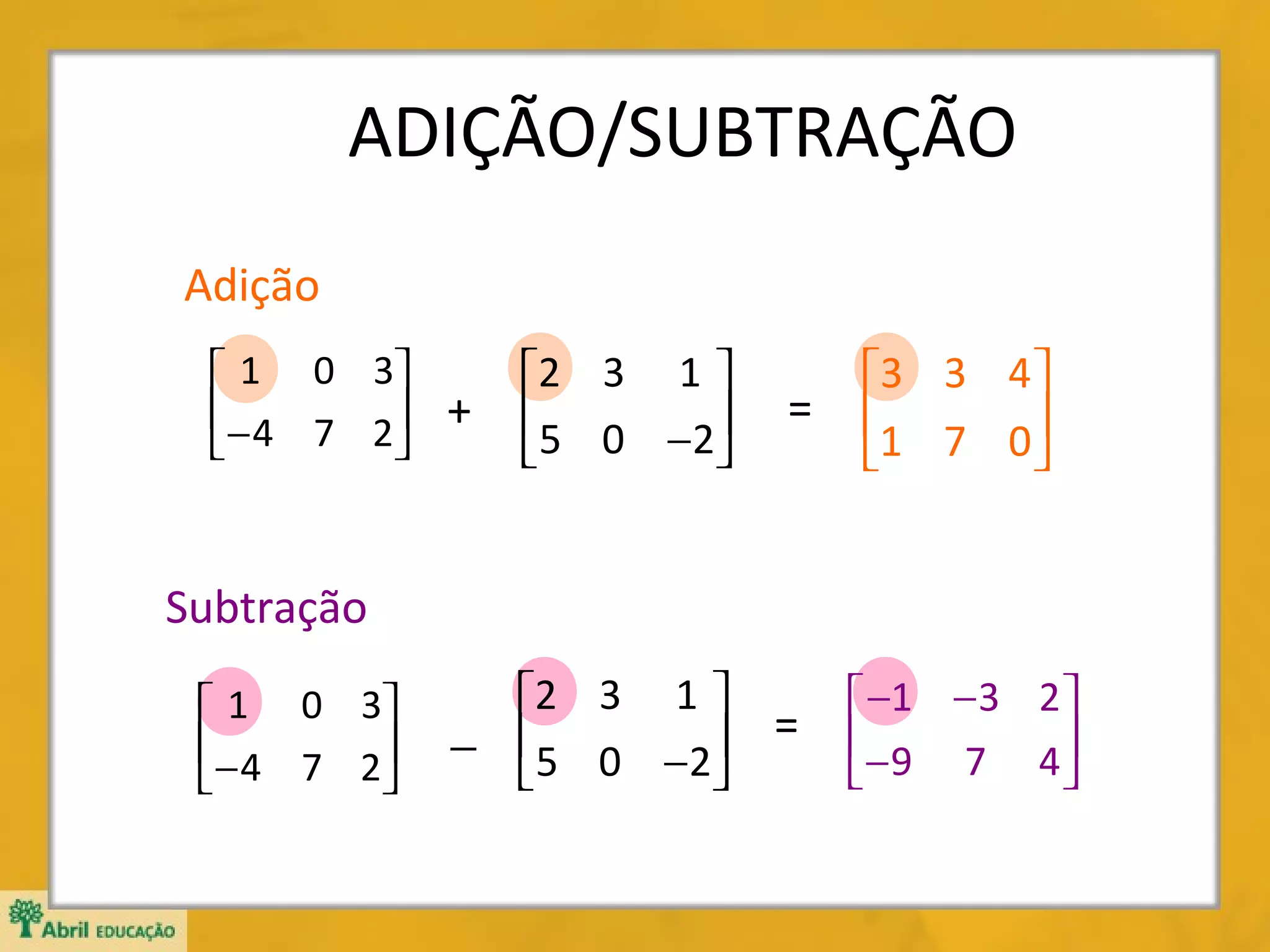 ADIÇÃO/SUBTRAÇÃO
Adição
 1 0 3
 − 4 7 2 +



2 3 1 
5 0 −2



=

3 3 4 
1 7 0 



Subtração
 1 0 3
 − 4 7 2



2 3 1 
− 5 0 −2



=

 −1 − 3 2 
− 9 7 4 



 