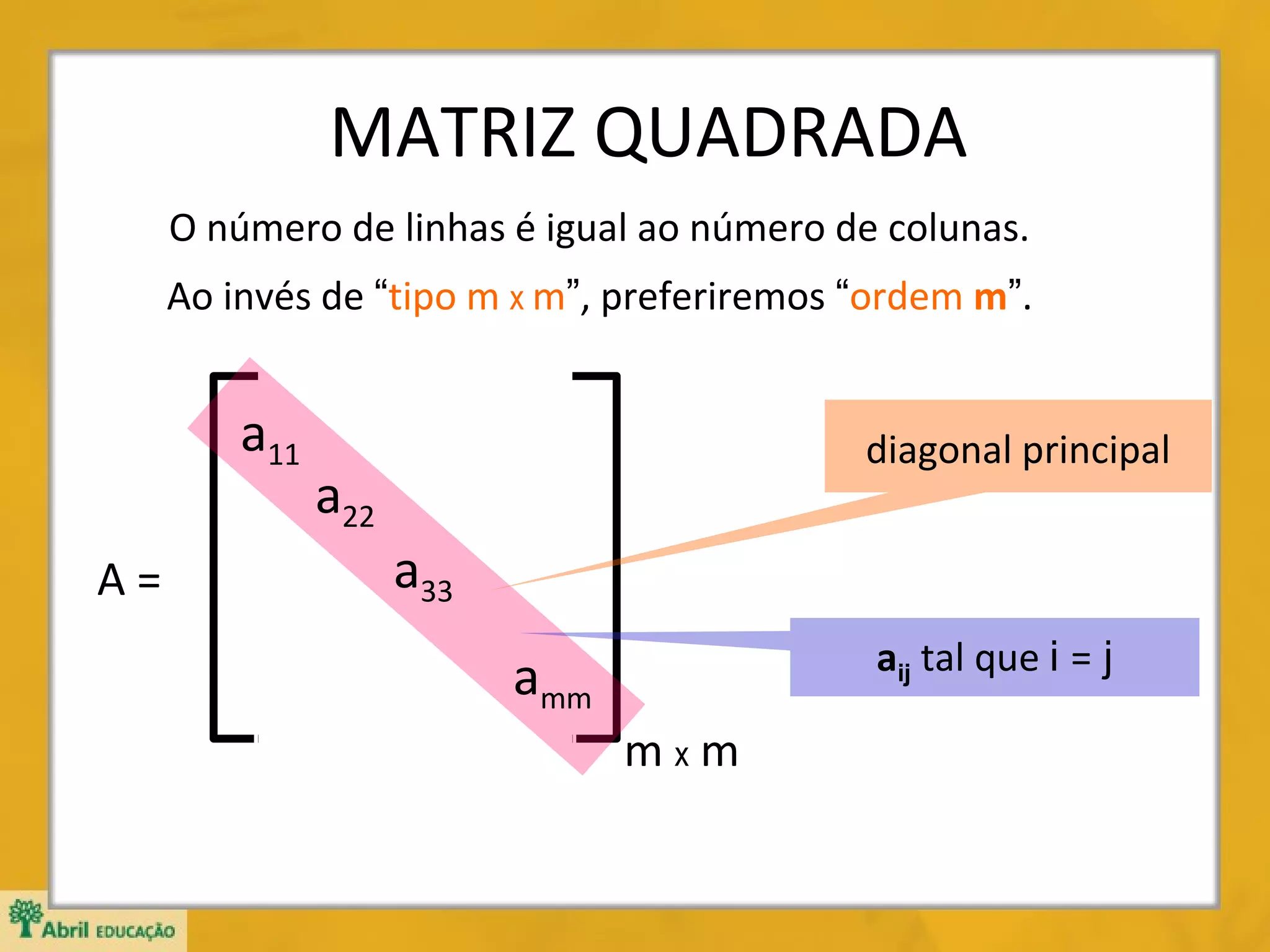 MATRIZ QUADRADA
O número de linhas é igual ao número de colunas.
Ao invés de “tipo m x m”, preferiremos “ordem m”.

a11
A=

a22

diagonal principal

a33
aij tal que i = j

amm
mxm

 