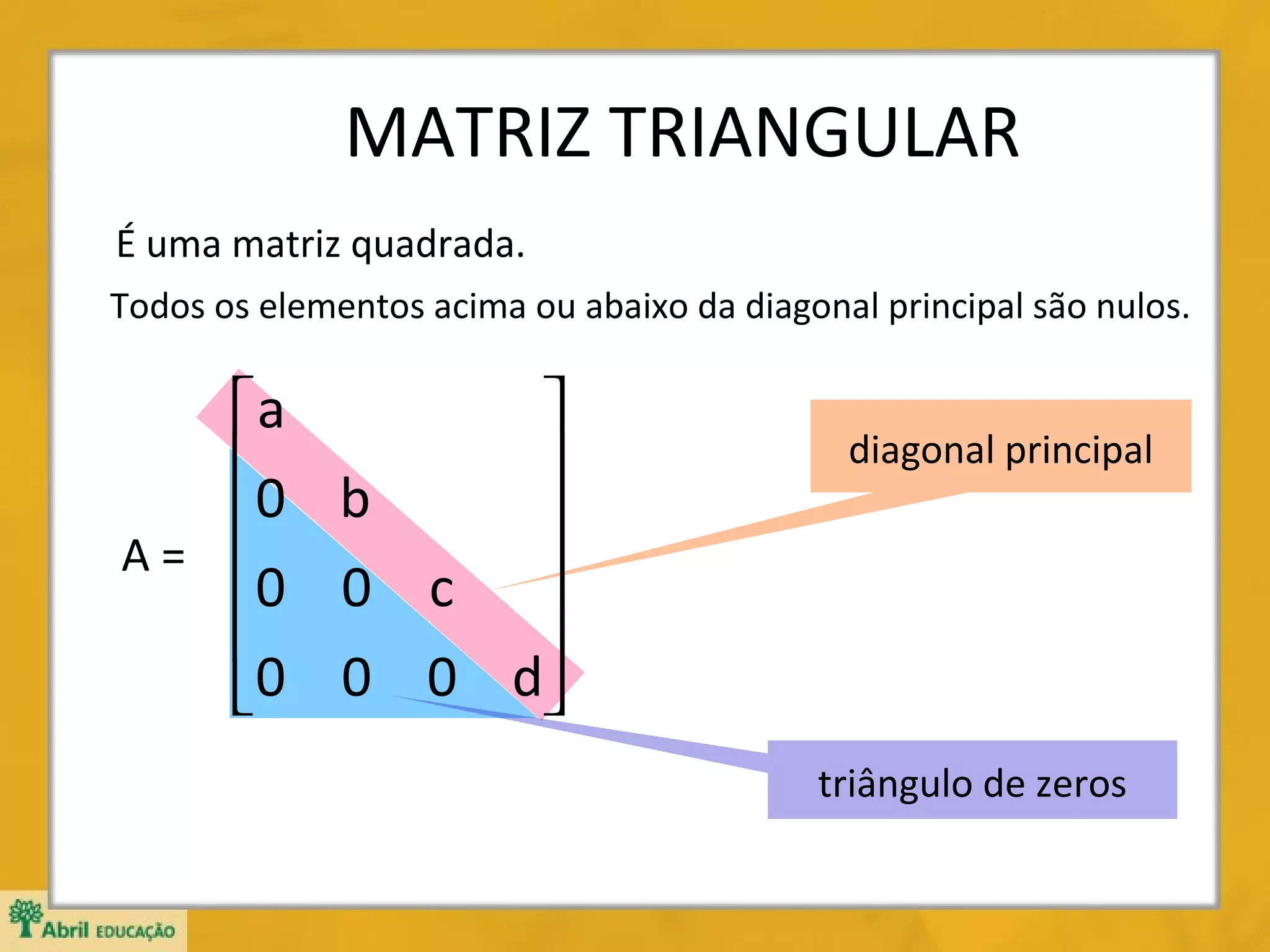 MATRIZ TRIANGULAR
É uma matriz quadrada.
Todos os elementos acima ou abaixo da diagonal principal são nulos.

a

0 b



A=
0 0 c 


0 0 0 d

diagonal principal

triângulo de zeros

 