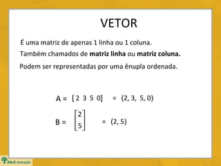 VETOR
É uma matriz de apenas 1 linha ou 1 coluna.
Também chamados de matriz linha ou matriz coluna.
Podem ser representadas por uma ênupla ordenada.

A = [ 2 3 5 0]
B=

2
5
 

= (2, 3, 5, 0)

= (2, 5)

 
