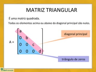 MATRIZ TRIANGULAR
É uma matriz quadrada.
Todos os elementos acima ou abaixo da diagonal principal são nulos.

a

0 b



A=
0 0 c 


0 0 0 d

diagonal principal

triângulo de zeros

 