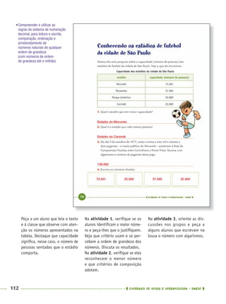 112 CADERNOS DE APOIO E APRENDIZAGEM · SMESP
Na atividade 1, veriﬁque se os
alunos identiﬁcam o maior núme-
ro e peça-lhes que o justiﬁquem.
Veja que critério usam e se per-
cebem a ordem de grandeza dos
números. Discuta os resultados.
Na atividade 2, veriﬁque se eles
reconhecem o menor número
e que critérios de composição
adotam.
Na atividade 3, oriente as dis-
cussões nos grupos e peça a
alguns alunos que escrevam na
lousa o número com algarismos.
Peça a um aluno que leia o texto
e à classe que observe com aten-
ção os números apresentados na
tabela. Destaque que capacidade
signiﬁca, nesse caso, o número de
pessoas sentadas que o estádio
comporta.
•Compreender e utilizar as
regras do sistema de numeração
decimal, para leitura e escrita,
comparação, ordenação e
arredondamento de
números naturais de qualquer
ordem de grandeza
(com números de ordem
de grandeza até o milhão).
Estádio do Morumbi
Estádio do Canindé
138.082
73.501 37.58525.000 32.000
MAT5ºANO–PROF.indd 112MAT5ºANO–PROF.indd 112 9/15/10 1:47 PM9/15/10 1:47 PM
 