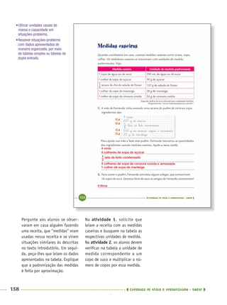 158 CADERNOS DE APOIO E APRENDIZAGEM · SMESP
Na atividade 1, solicite que
leiam a receita com as medidas
caseiras e busquem na tabela as
respectivas unidades de medida.
Na atividade 2, os alunos devem
veriﬁcar na tabela a unidade de
medida correspondente a um
copo de suco e multiplicar o nú-
mero de copos por essa medida.
Pergunte aos alunos se obser-
varam em casa alguém fazendo
uma receita, que “medidas” eram
usadas nessa receita e se viram
situações similares às descritas
no texto introdutório. Em segui-
da, peça-lhes que leiam os dados
apresentados na tabela. Explique
que a padronização das medidas
é feita por aproximação.
4 ovos
4 colheres de sopa de açúcar
lata de leite condensado
4 colheres de sopa de cenoura cozida e amassada
1 colher de sopa de manteiga
4 litros
•Utilizar unidades usuais de
massa e capacidade em
situações-problema.
•Resolver situações-problema
com dados apresentados de
maneira organizada, por meio
de tabelas simples ou tabelas de
dupla entrada.
MAT5ºANO–2–PROF.indd 158MAT5ºANO–2–PROF.indd 158 9/15/10 2:03 PM9/15/10 2:03 PM
 