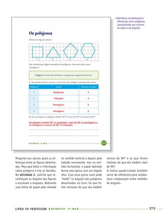 LIVRO DO PROFESSOR MATEMÁTICA · 5O
ANO 173
no sentido vertical e depois pela
metade novamente, mas no sen-
tido horizontal, o papel dobrado
forma uma quina com um ângulo
reto. Com essa quina você pode
“medir” os ângulos dos polígonos
desenhados no livro. Os que fo-
rem menores do que ela medem
menos de 90º e os que forem
maiores do que ela medem mais
de 90º.
A malha quadriculada também
serve de referência para estabe-
lecer comparação entre medidas
de ângulos.
Pergunte aos alunos quais as di-
ferenças entre as ﬁguras desenha-
das. Peça que leiam a informação
sobre polígono e tire as dúvidas.
Na atividade 2, solicite que re-
conheçam os ângulos das ﬁguras
e escrevam a resposta. Dobrando
uma folha de papel pela metade
Quadrado
Triângulo
Pentágono
Hexágono
4
3
5
6
Os ângulos medem 90º no quadrado, mais de 90º no pentágono e
no hexágono e menos de 90º no triângulo.
•Identiﬁcar semelhanças e
diferenças entre polígonos,
considerando seu número
de lados e de ângulos.
MAT5ºANO–2–PROF.indd 173MAT5ºANO–2–PROF.indd 173 9/15/10 2:04 PM9/15/10 2:04 PM
 