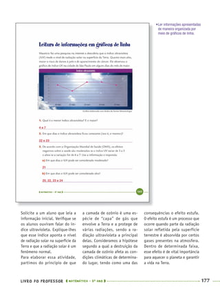 LIVRO DO PROFESSOR MATEMÁTICA · 5O
ANO 177
a camada de ozônio é uma es-
pécie de “capa” de gás que
envolve a Terra e a protege de
várias radiações, sendo a ra-
diação ultravioleta a principal
delas. Consideramos a hipótese
segundo a qual a destruição da
camada de ozônio afeta as con-
dições climáticas de determina-
do lugar, tendo como uma das
Solicite a um aluno que leia a
informação inicial. Veriﬁque se
os alunos ouviram falar do ín-
dice ultravioleta. Explique-lhes
que esse índice aponta o nível
de radiação solar na superfície da
Terra e que a radiação solar é um
fenômeno normal.
Para elaborar essa atividade,
partimos do princípio de que
consequências o efeito estufa.
O efeito estufa é um processo que
ocorre quando parte da radiação
solar refletida pela superfície
terrestre é absorvida por certos
gases presentes na atmosfera.
Dentro de determinada faixa,
esse efeito é de vital importância
para aquecer o planeta e garantir
a vida na Terra.
•Ler informações apresentadas
de maneira organizada por
meio de gráﬁcos de linha.
4 e 7
22 e 23
21
20, 22, 23 e 24
MAT5ºANO–2–PROF.indd 177MAT5ºANO–2–PROF.indd 177 9/15/10 2:04 PM9/15/10 2:04 PM
 