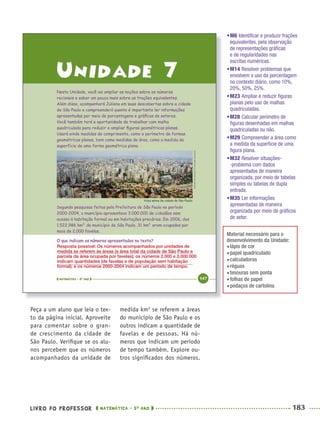 LIVRO DO PROFESSOR MATEMÁTICA · 5O
ANO 183
medida km2
se referem a áreas
do município de São Paulo e os
outros indicam a quantidade de
favelas e de pessoas. Há nú-
meros que indicam um período
de tempo também. Explore ou-
tros signiﬁcados dos números.
Peça a um aluno que leia o tex-
to da página inicial. Aproveite
para comentar sobre o gran-
de crescimento da cidade de
São Paulo. Veriﬁque se os alu-
nos percebem que os números
acompanhados da unidade de
Resposta possível: Os números acompanhados por unidades de
medida se referem às áreas (a área total da cidade de São Paulo e
parcela da área ocupada por favelas); os números 2.000 e 3.000.000
indicam quantidades (de favelas e de população sem habitação
formal); e os números 2000-2004 indicam um período de tempo.
•M6 Identiﬁcar e produzir frações
equivalentes, pela observação
de representações gráﬁcas
e de regularidades nas
escritas numéricas.
•M14 Resolver problemas que
envolvem o uso da porcentagem
no contexto diário, como 10%,
20%, 50%, 25%.
•M23 Ampliar e reduzir ﬁguras
planas pelo uso de malhas
quadriculadas.
•M28 Calcular perímetro de
ﬁguras desenhadas em malhas
quadriculadas ou não.
•M29 Compreender a área como
a medida da superfície de uma
ﬁgura plana.
•M32 Resolver situações-
-problema com dados
apresentados de maneira
organizada, por meio de tabelas
simples ou tabelas de dupla
entrada.
•M35 Ler informações
apresentadas de maneira
organizada por meio de gráﬁcos
de setor.
Material necessário para o
desenvolvimento da Unidade:
lápis de cor
papel quadriculado
calculadoras
réguas
tesouras sem ponta
folhas de papel
pedaços de cartolina
MAT5ºANO–2–PROF.indd 183MAT5ºANO–2–PROF.indd 183 9/15/10 2:04 PM9/15/10 2:04 PM
 