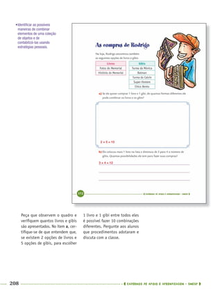 208 CADERNOS DE APOIO E APRENDIZAGEM · SMESP
1 livro e 1 gibi entre todos eles
é possível fazer 10 combinações
diferentes. Pergunte aos alunos
que procedimentos adotaram e
discuta com a classe.
Peça que observem o quadro e
veriﬁquem quantos livros e gibis
são apresentados. No item a, cer-
tiﬁque-se de que entendem que,
se existem 2 opções de livros e
5 opções de gibis, para escolher
2 × 5 = 10
3 × 4 = 12
•Identiﬁcar as possíveis
maneiras de combinar
elementos de uma coleção
de objetos e de
contabilizá-las usando
estratégias pessoais.
MAT5ºANO–2–PROF.indd 208MAT5ºANO–2–PROF.indd 208 9/15/10 2:05 PM9/15/10 2:05 PM
 
