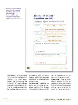 222 CADERNOS DE APOIO E APRENDIZAGEM · SMESP
Na atividade 1, os alunos devem
associar a unidade de medida
adequada a cada superfície rela-
cionada. Precisam perceber que
a unidade cm2
é adequada para
superfícies menores e que o m2
pode ser utilizado em determina-
das superfícies não tão pequenas,
mas menores que o km2
, o qual
deve ser usado quando se deseja
representar áreas de superfícies
muito grandes.
Na atividade 2, explique aos
alunos que, se 1 m = 100 cm,
então, se multiplicarem os lados
de um quadrado com medidas de
100 cm, vão encontrar uma su-
perfície de 10.000 cm2
de área.
Na atividade 3, o mesmo proce-
dimento deve ser adotado. Ex-
plique que, se multiplicarem os
lados de um quadrado com me-
didas de 1.000 m, terão uma su-
perfície de 1.000.000 m2
de área.
1 m2
= 10.000 cm2
1 km2
= 1.000.000 m2
•Resolver situações-problema
que envolvam o signiﬁcado
de unidades de medidas de
superfície como o
metro quadrado (m2
), o
centímetro quadrado (cm2
)
e o quilômetro quadrado (km2
).
MAT5ºANO–2–PROF.indd 222MAT5ºANO–2–PROF.indd 222 9/15/10 2:05 PM9/15/10 2:05 PM
 
