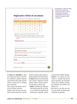 LIVRO DO PROFESSOR MATEMÁTICA · 5O
ANO 45
número de ordens, basta observar o
primeiro algarismo de maior ordem.
No item b, promova uma discussão
com a classe e organize um texto
coletivo sobre o assunto. Deve ﬁ-
car claro para os alunos que:
• ordem é a posição que cada alga-
rismo pode ocupar em um núme-
ro, e as ordens se organizam da
direita para a esquerda, a partir
da classe das unidades simples;
• classe é um grupo de três
ordens e, também da direita
para a esquerda, são chamadas
classe das unidades simples,
dos milhares, dos milhões, dos
bilhões etc.
• Nos itens c e d, peça aos alu-
nos que voltem ao quadro para
responder às questões.
No item a da atividade 1, peça
aos alunos que leiam o enuncia-
do e analisem o quadro. Pergunte
como ﬁzeram para saber quantas
ordens e classes têm os números
que escreveram.
Peça a alguns que façam uma lei-
tura oral desses números.
Explore o fato de que, para com-
parar números que têm o mesmo
•Compreender e utilizar as regras
do sistema de numeração
decimal, para leitura e escrita,
comparação, ordenação e
arredondamento de números
naturais de qualquer ordem
de grandeza.
2
4
8
1
0
4
0
5
4
9
Há 5 ordens e 2 classes.
Resposta pessoal
Têm 5 ordens e 2 classes.
98.765
99.999
MAT5ºANO–PROF.indd 45MAT5ºANO–PROF.indd 45 9/15/10 1:45 PM9/15/10 1:45 PM
 