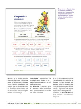 LIVRO DO PROFESSOR MATEMÁTICA · 5O
ANO 47
Na atividade 1, pergunte qual é o
maior e o menor número da lista,
para orientá-los na escrita em or-
dem decrescente.
Na atividade 2, pergunte qual
é o menor e o maior número da
lista, para orientá-los na escrita
em ordem crescente.
Se for o caso, apresente outras lis-
tas de números para os alunos or-
denarem. Faça essa atividade oral-
mente e anote na lousa algumas
situações propostas pelos alunos.
Depois, diga-lhes que copiem
aquela de que mais gostaram.
O objetivo da atividade 3 é com-
parar números e usar o símbolo
adequado.
Pergunte se os alunos sabem o
que signiﬁca ordem crescente e
ordem decrescente e se conhecem
algum símbolo matemático que
indique que um número é maior
ou menor que outro. Conte que
esses símbolos são usados para
facilitar a comunicação.
•Compreender e utilizar as regras
do sistema de numeração
decimal, para leitura e escrita,
comparação, ordenação e
arredondamento de números
naturais de qualquer ordem
de grandeza.
9.350 >
>
>
<
>
<
>
<
<
<
>
<3.105
9.208
3.207
7.001
7.003
5.873
8.450
5.307
8.913
MAT5ºANO–PROF.indd 47MAT5ºANO–PROF.indd 47 9/15/10 1:45 PM9/15/10 1:45 PM
 