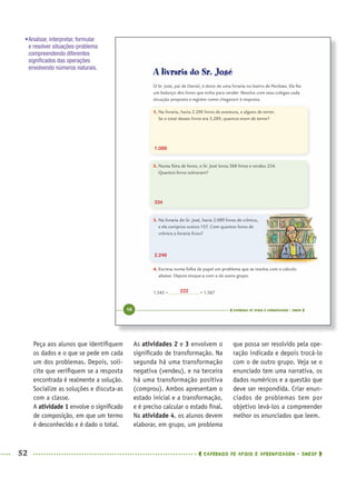 52 CADERNOS DE APOIO E APRENDIZAGEM · SMESP
As atividades 2 e 3 envolvem o
signiﬁcado de transformação. Na
segunda há uma transformação
negativa (vendeu), e na terceira
há uma transformação positiva
(comprou). Ambos apresentam o
estado inicial e a transformação,
e é preciso calcular o estado ﬁnal.
Na atividade 4, os alunos devem
elaborar, em grupo, um problema
que possa ser resolvido pela ope-
ração indicada e depois trocá-lo
com o de outro grupo. Veja se o
enunciado tem uma narrativa, os
dados numéricos e a questão que
deve ser respondida. Criar enun-
ciados de problemas tem por
objetivo levá-los a compreender
melhor os enunciados que leem.
Peça aos alunos que identiﬁquem
os dados e o que se pede em cada
um dos problemas. Depois, soli-
cite que veriﬁquem se a resposta
encontrada é realmente a solução.
Socialize as soluções e discuta-as
com a classe.
A atividade 1 envolve o signiﬁcado
de composição, em que um termo
é desconhecido e é dado o total.
•Analisar, interpretar, formular
e resolver situações-problema
compreendendo diferentes
signiﬁcados das operações
envolvendo números naturais.
334
1.089
2.246
222
MAT5ºANO–PROF.indd 52MAT5ºANO–PROF.indd 52 9/15/10 1:45 PM9/15/10 1:45 PM
 