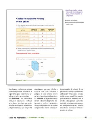 LIVRO DO PROFESSOR MATEMÁTICA · 5O
ANO 67
duas bases e que, para calcular o
total de faces, basta observar o
polígono da base, contar o número
de faces laterais e adicionar dois.
Na atividade 3, peça-lhes que ob-
servem o desenho do prisma, des-
tacando os vértices e as arestas.
Você pode propor uma atividade
complementar usando um conjun-
to de modelos de prismas de pa-
pelão solicitando que pintem cada
vértice com tinta guache para ca-
rimbá-lo num papel (vão aparecer
pontos) e façam o mesmo com as
arestas (vão aparecer segmentos
de reta). A contagem desses pon-
tos e segmentos de reta permite
encontrar o número de vértices e
arestas do prisma.
Distribua um conjunto de prismas
para cada grupo e oriente-os a
explorá-los para preencher a ta-
bela e socialize as respostas.
Nas atividades 1 e 2, socialize as
conclusões dos grupos e veriﬁque
se os alunos percebem que o nú-
mero de faces laterais depende do
polígono da base, que sempre há
•Identiﬁcar relações entre o
número de elementos como
faces, vértices e arestas de
um poliedro.
Material necessário:
um conjunto de prismas para
cada grupo
3
5
6
4
4
2
2
2
2
2
5
7
8
6
6
Resposta pessoal; leia os comentários.
8 12
MAT5ºANO–PROF.indd 67MAT5ºANO–PROF.indd 67 9/15/10 1:46 PM9/15/10 1:46 PM
 