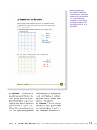 LIVRO DO PROFESSOR MATEMÁTICA · 5O
ANO 75
usada na resolução desse proble-
ma é a distributiva da multipli-
cação em relação à adição, apre-
sentada pelo esquema.
Na atividade 2, discuta como se
repartiria a malha quadriculada
na multiplicação de 12 por 11 e
faça uma síntese dessa discussão.
Na atividade 1, comente que as
descobertas das atividades ante-
riores podem ajudá-los nesta e
pergunte se sabem de que repar-
tição se trata. Depois, peça-lhes
que comparem o cálculo com a
divisão feita na malha quadricu-
lada. Uma importante propriedade
•Resolver multiplicações
com números naturais por
meio de técnicas operatórias
convencionais, cálculo mental
e da calculadora e usar
estratégias de veriﬁcação e
controle de resultados pelo
uso do cálculo mental ou da
calculadora.
10 + 2
× 10 + 1
10 + 2
100 + 20
100 + 30 + 2
MAT5ºANO–PROF.indd 75MAT5ºANO–PROF.indd 75 9/15/10 1:46 PM9/15/10 1:46 PM
 