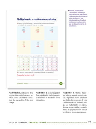 LIVRO DO PROFESSOR MATEMÁTICA · 5O
ANO 77
Na atividade 2, os alunos podem
fazer os cálculos individualmen-
te e conferir os resultados com a
calculadora.
Na atividade 3, retome a discus-
são sobre o segundo produto par-
cial. Veja se os alunos percebem
que todos terminam em 0 e se
concluem que isso acontece por-
que são multiplicados por dezena.
Retome, se necessário, o procedi-
mento da página anterior, em que
os números foram decompostos.
Na atividade 1, cada aluno deve
resolver três multiplicações e ve-
riﬁcar com a calculadora o resul-
tado das outras três, feitas pelo
colega.
•Resolver multiplicações
com números naturais por
meio de técnicas operatórias
convencionais, cálculo mental
e da calculadora e usar
estratégias de veriﬁcação e
controle de resultados pelo
uso do cálculo mental ou da
calculadora.
966
736
1 0 6 4 1 6 4 89 1 5
6 3 8 4 5 7 6 83 9 6 5
1.088
1.408
540
660
As parcelas terminam em 0.
MAT5ºANO–PROF.indd 77MAT5ºANO–PROF.indd 77 9/15/10 1:46 PM9/15/10 1:46 PM
 