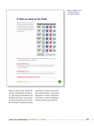 LIVRO DO PROFESSOR MATEMÁTICA · 5O
ANO 81
previsões do tempo para vários
dias. Normalmente, as previsões
apresentam a menor temperatu-
ra mínima e a maior temperatura
máxima prevista para cada dia.
Diga aos alunos que, depois de
analisar temperaturas de pesso-
as, vão analisar temperaturas da
cidade de São Paulo num período
de 5 dias. Comente que os meios
de informação sempre apresentam
•Utilizar unidades usuais
de temperatura em
situações-problema.
No dia 10/07 (23 °C)
No dia 12/07 (11 °C)
A diferença de temperatura é de 12 °C.
MAT5ºANO–PROF.indd 81MAT5ºANO–PROF.indd 81 9/15/10 1:46 PM9/15/10 1:46 PM
 