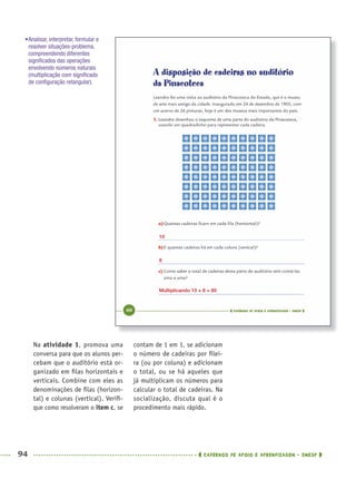 94 CADERNOS DE APOIO E APRENDIZAGEM · SMESP
contam de 1 em 1, se adicionam
o número de cadeiras por ﬁlei-
ra (ou por coluna) e adicionam
o total, ou se há aqueles que
já multiplicam os números para
calcular o total de cadeiras. Na
socialização, discuta qual é o
procedimento mais rápido.
Na atividade 1, promova uma
conversa para que os alunos per-
cebam que o auditório está or-
ganizado em ﬁlas horizontais e
verticais. Combine com eles as
denominações de ﬁlas (horizon-
tal) e colunas (vertical). Veriﬁ-
que como resolveram o item c, se
•Analisar, interpretar, formular e
resolver situações-problema,
compreendendo diferentes
signiﬁcados das operações
envolvendo números naturais
(multiplicação com signiﬁcado
de conﬁguração retangular).
10
8
Multiplicando 10 × 8 = 80
MAT5ºANO–PROF.indd 94MAT5ºANO–PROF.indd 94 9/15/10 1:46 PM9/15/10 1:46 PM
 