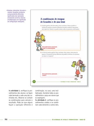 96 CADERNOS DE APOIO E APRENDIZAGEM · SMESP
combinação, no caso, uma mul-
tiplicação. Socialize todos os pro-
cedimentos e peça aos alunos que
os expliquem.
Na atividade 2, veriﬁque os pro-
cedimentos usados e se combi-
nam cada elemento a outros dois.
Na atividade 1, veriﬁque os pro-
cedimentos dos alunos: se ligam
cada bermuda a cada uma das ca-
misetas etc. Observe se contam
as combinações para calcular o
resultado. Pode ser que alguns
façam a operação referente à
•Analisar, interpretar, formular e
resolver situações-problema,
compreendendo diferentes
signiﬁcados das operações
envolvendo números naturais
(multiplicação com signiﬁcado
de conﬁguração retangular).
Procedimentos pessoais
Total: 6 combinações
Procedimentos pessoais
Total 8
MAT5ºANO–PROF.indd 96MAT5ºANO–PROF.indd 96 9/15/10 1:46 PM9/15/10 1:46 PM
 