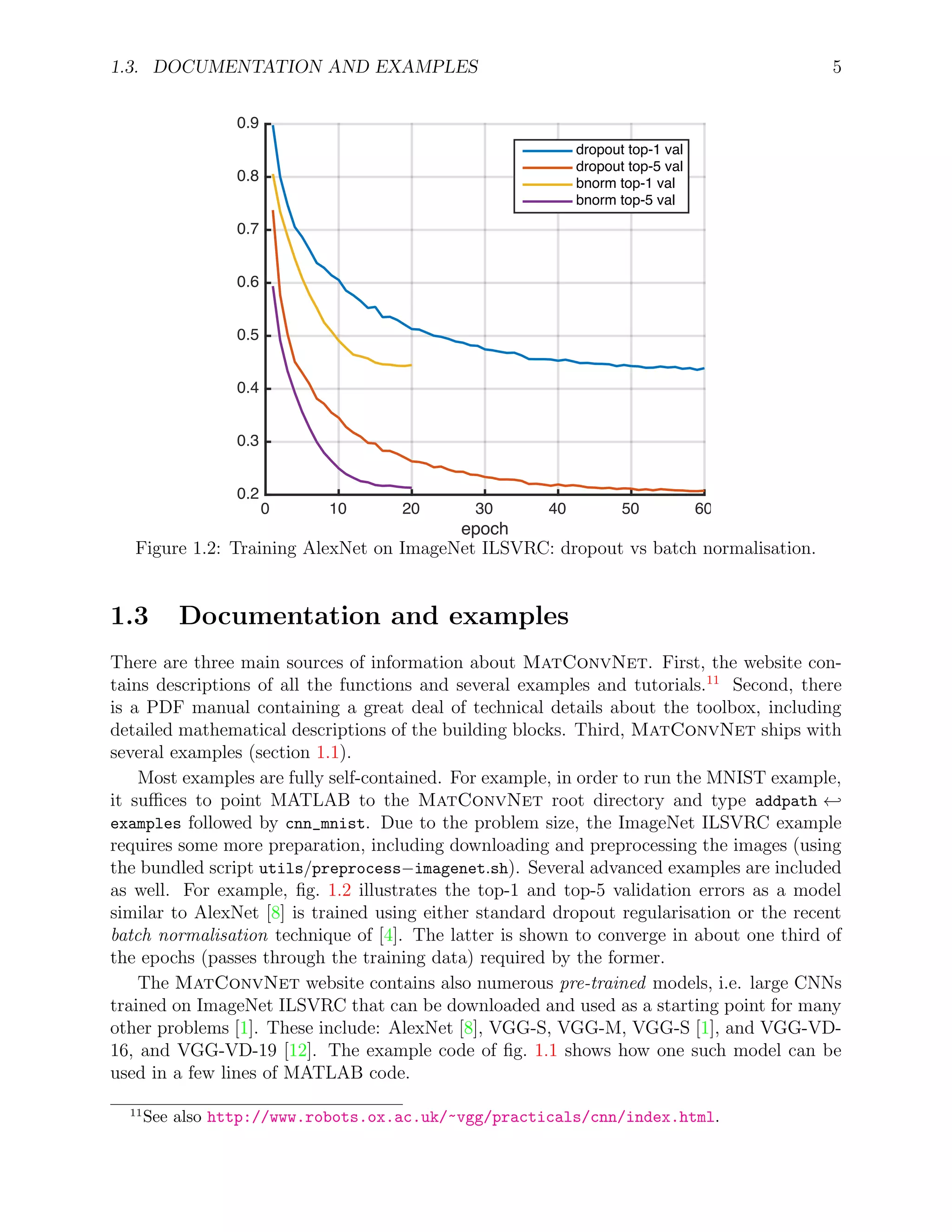 1.3. DOCUMENTATION AND EXAMPLES 5
epoch
0 10 20 30 40 50 60
0.2
0.3
0.4
0.5
0.6
0.7
0.8
0.9
dropout top-1 val
dropout top-5 val
bnorm top-1 val
bnorm top-5 val
Figure 1.2: Training AlexNet on ImageNet ILSVRC: dropout vs batch normalisation.
1.3 Documentation and examples
There are three main sources of information about MatConvNet. First, the website con-
tains descriptions of all the functions and several examples and tutorials.11
Second, there
is a PDF manual containing a great deal of technical details about the toolbox, including
detailed mathematical descriptions of the building blocks. Third, MatConvNet ships with
several examples (section 1.1).
Most examples are fully self-contained. For example, in order to run the MNIST example,
it suﬃces to point MATLAB to the MatConvNet root directory and type addpath ←
examples followed by cnn_mnist. Due to the problem size, the ImageNet ILSVRC example
requires some more preparation, including downloading and preprocessing the images (using
the bundled script utils/preprocess−imagenet.sh). Several advanced examples are included
as well. For example, ﬁg. 1.2 illustrates the top-1 and top-5 validation errors as a model
similar to AlexNet [8] is trained using either standard dropout regularisation or the recent
batch normalisation technique of [4]. The latter is shown to converge in about one third of
the epochs (passes through the training data) required by the former.
The MatConvNet website contains also numerous pre-trained models, i.e. large CNNs
trained on ImageNet ILSVRC that can be downloaded and used as a starting point for many
other problems [1]. These include: AlexNet [8], VGG-S, VGG-M, VGG-S [1], and VGG-VD-
16, and VGG-VD-19 [12]. The example code of ﬁg. 1.1 shows how one such model can be
used in a few lines of MATLAB code.
11
See also http://www.robots.ox.ac.uk/~vgg/practicals/cnn/index.html.
 
