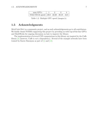 1.5. ACKNOWLEDGMENTS 7
num GPUs 1 2 3 4
VGG-VD-16 speed 20.0 22.20 38.18 44.8
Table 1.2: Multiple GPU speed (images/s).
1.5 Acknowledgments
MatConvNet is a community project, and as such acknowledgements go to all contributors.
We kindly thank NVIDIA supporting this project by providing us with top-of-the-line GPUs
and MathWorks for ongoing discussion on how to improve the library.
The implementation of several CNN computations in this library are inspired by the Caffe
library [6] (however, Caffe is not a dependency). Several of the example networks have been
trained by Karen Simonyan as part of [1] and [12].
 