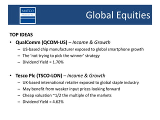 Global Equities
TOP IDEAS
• QualComm (QCOM-US) – Income & Growth
   – US-based chip manufacturer exposed to global smartphone growth
   – The ‘not trying to pick the winner’ strategy
   – Dividend Yield = 1.70%


• Tesco Plc (TSCO-LON) – Income & Growth
   –   UK-based international retailer exposed to global staple industry
   –   May benefit from weaker input prices looking forward
   –   Cheap valuation ~1/2 the multiple of the markets
   –   Dividend Yield = 4.62%
 