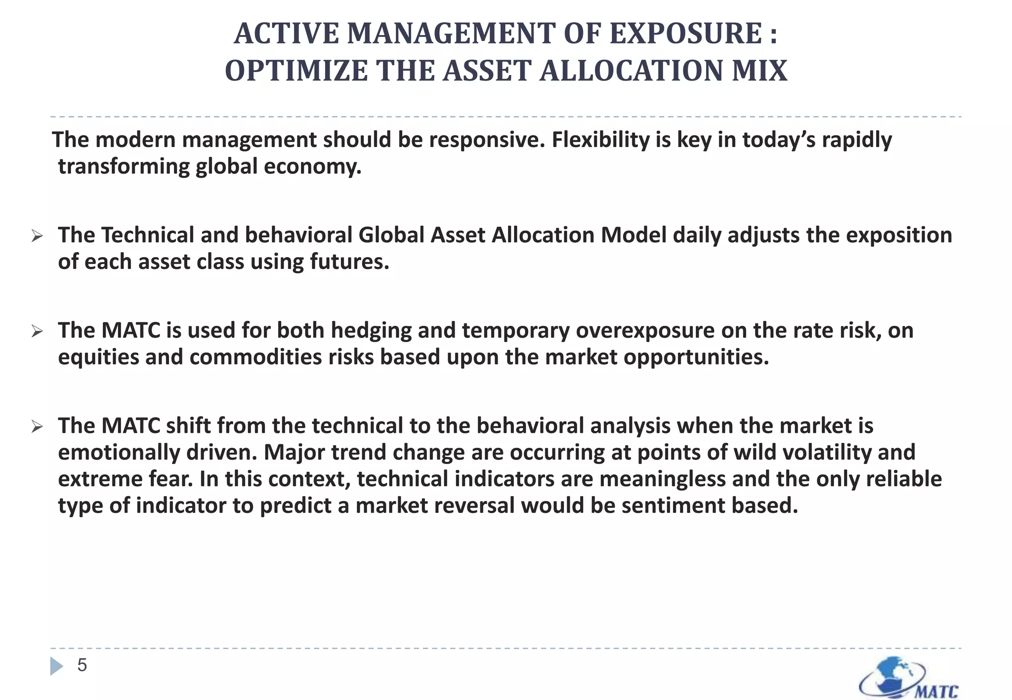 Tool: Responsive management by a daily dynamic adjustment of the exposure for the different markets depending on the ‘Momentum’ and on the global behavioral state (Market sentiment, risk aversion, excess).2