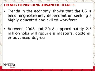 TRENDS IN PURSUING ADVANCED DEGREES
• Trends in the economy shows that the US is
becoming extremely dependent on seeking a
highly educated and skilled workforce
• Between 2008 and 2018, approximately 2.5
million jobs will require a master’s, doctoral,
or advanced degree
 
