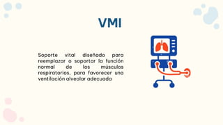 VMI
Soporte vital diseñado para
reemplazar o soportar la función
normal de los músculos
respiratorios, para favorecer una
ventilación alveolar adecuada
 