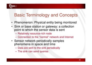 Basic Terminology and Concepts
• Phenomenon: Physical entity being monitored
• Sink or base station or gateway: a collection
point to which the sensor data is sent
– Relatively resource-rich node
– Relatively resource-rich node
– Connection to the “normal” network and Internet
• Sensor network periodically samples
phenomena in space and time
– Data are sent to the sink periodically
– The sink can send queries
20
 