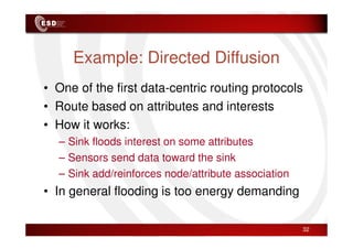 Example: Directed Diffusion
• One of the first data-centric routing protocols
• Route based on attributes and interests
• How it works:
• How it works:
– Sink floods interest on some attributes
– Sensors send data toward the sink
– Sink add/reinforces node/attribute association
• In general flooding is too energy demanding
32
 