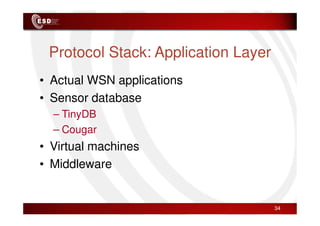 Protocol Stack: Application Layer
• Actual WSN applications
• Sensor database
– TinyDB
– TinyDB
– Cougar
• Virtual machines
• Middleware
34
 