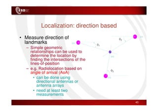 Localization: direction based
• Measure direction of
landmarks
– Simple geometric
relationships can be used to
determine the location by
BS
BS
MS
φ
φ
φ
φ1
φ
φ
φ
φ2
determine the location by
finding the intersections of the
lines-of-position
– e.g. Radiolocation based on
angle of arrival (AoA)
• can be done using
directional antennas or
antenna arrays
• need at least two
measurements
43
BS
MS
φ
φ
φ
φ3
 
