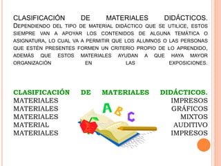 CLASIFICACIÓN DE MATERIALES DIDÁCTICOS.
DEPENDIENDO DEL TIPO DE MATERIAL DIDÁCTICO QUE SE UTILICE, ESTOS
SIEMPRE VAN A APOYAR LOS CONTENIDOS DE ALGUNA TEMÁTICA O
ASIGNATURA, LO CUAL VA A PERMITIR QUE LOS ALUMNOS O LAS PERSONAS
QUE ESTÉN PRESENTES FORMEN UN CRITERIO PROPIO DE LO APRENDIDO,
ADEMÁS QUE ESTOS MATERIALES AYUDAN A QUE HAYA MAYOR
ORGANIZACIÓN EN LAS EXPOSICIONES.
CLASIFICACIÓN DE MATERIALES DIDÁCTICOS.
MATERIALES IMPRESOS
MATERIALES GRÁFICOS
MATERIALES MIXTOS
MATERIAL AUDITIVO
MATERIALES IMPRESOS
 
