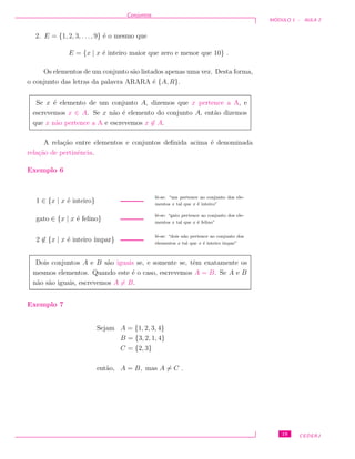 Conjuntos
M ´ODULO 1 - AULA 2
2. E = {1, 2, 3, . . ., 9} ´e o mesmo que
E = {x | x ´e inteiro maior que zero e menor que 10} .
Os elementos de um conjunto s˜ao listados apenas uma vez. Desta forma,
o conjunto das letras da palavra ARARA ´e {A, R}.
Se x ´e elemento de um conjunto A, dizemos que x pertence a A, e
escrevemos x ∈ A. Se x n˜ao ´e elemento do conjunto A, ent˜ao dizemos
que x n˜ao pertence a A e escrevemos x ∈ A.
A rela¸c˜ao entre elementos e conjuntos deﬁnida acima ´e denominada
rela¸c˜ao de pertinˆencia.
Exemplo 6
1 ∈ {x | x ´e inteiro}
lˆe-se: “um pertence ao conjunto dos ele-
mentos x tal que x ´e inteiro”
gato ∈ {x | x ´e felino}
lˆe-se: “gato pertence ao conjunto dos ele-
mentos x tal que x ´e felino”
2 ∈ {x | x ´e inteiro ´ımpar}
lˆe-se: “dois n˜ao pertence ao conjunto dos
elementos x tal que x ´e inteiro ´ımpar”
Dois conjuntos A e B s˜ao iguais se, e somente se, tˆem exatamente os
mesmos elementos. Quando este ´e o caso, escrevemos A = B. Se A e B
n˜ao s˜ao iguais, escrevemos A = B.
Exemplo 7
Sejam A = {1, 2, 3, 4}
B = {3, 2, 1, 4}
C = {2, 3}
ent˜ao, A = B, mas A = C .
19 CEDERJ
 