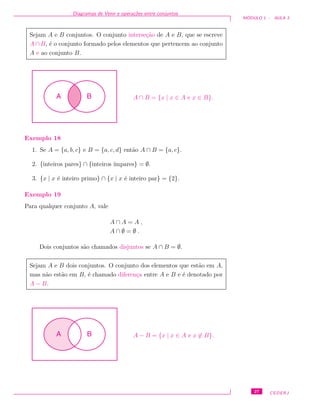 Diagramas de Venn e opera¸c˜oes entre conjuntos
M ´ODULO 1 - AULA 3
Sejam A e B conjuntos. O conjunto interse¸c˜ao de A e B, que se escreve
A ∩ B, ´e o conjunto formado pelos elementos que pertencem ao conjunto
A e ao conjunto B.
A B A ∩ B = {x | x ∈ A e x ∈ B}.
Exemplo 18
1. Se A = {a, b, c} e B = {a, c, d} ent˜ao A ∩ B = {a, c}.
2. {inteiros pares} ∩ {inteiros ´ımpares} = ∅.
3. {x | x ´e inteiro primo} ∩ {x | x ´e inteiro par} = {2}.
Exemplo 19
Para qualquer conjunto A, vale
A ∩ A = A ,
A ∩ ∅ = ∅ .
Dois conjuntos s˜ao chamados disjuntos se A ∩ B = ∅.
Sejam A e B dois conjuntos. O conjunto dos elementos que est˜ao em A,
mas n˜ao est˜ao em B, ´e chamado diferen¸ca entre A e B e ´e denotado por
A − B.
A B A − B = {x | x ∈ A e x ∈ B}.
27 CEDERJ
 