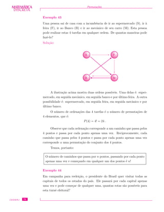DISCRETADISCRETA
MATEMÁTICA Permuta¸c˜oes
Exemplo 43
Uma pessoa sai de casa com a incumbˆencia de ir ao supermercado (S), ir `a
feira (F), ir ao Banco (B) e ir ao mecˆanico de seu carro (M). Esta pessoa
pode realizar estas 4 tarefas em qualquer ordem. De quantas maneiras pode
fazˆe-lo?
Solu¸c˜ao:
S F
B M
A ilustra¸c˜ao acima mostra duas ordens poss´ıveis. Uma delas ´e: super-
mercado, em seguida mecˆanico, em seguida banco e por ´ultimo feira. A outra
possibilidade ´e: supermercado, em seguida feira, em seguida mecˆanico e por
´ultimo banco.
O n´umero de ordena¸c˜oes das 4 tarefas ´e o n´umero de permuta¸c˜oes de
4 elementos, que ´e:
P(4) = 4! = 24 .
Observe que cada ordena¸c˜ao corresponde a um caminho que passa pelos
4 pontos e passa por cada ponto apenas uma vez. Reciprocamente, cada
caminho que passa pelos 4 pontos e passa por cada ponto apenas uma vez
corresponde a uma permuta¸c˜ao do conjunto dos 4 pontos.
Temos, portanto:
O n´umero de caminhos que passa por n pontos, passando por cada ponto
apenas uma vez e come¸cando em qualquer um dos pontos ´e n!
Exemplo 44
Em campanha para reelei¸c˜ao, o presidente do Brasil quer visitar todas as
capitais de todos os estados do pa´ıs. Ele passar´a por cada capital apenas
uma vez e pode come¸car de qualquer uma, quantas rotas s˜ao poss´ıveis para
esta turnˆe eleitoral?
CEDERJ 70
 