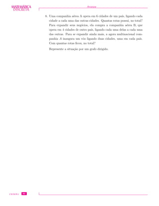DISCRETADISCRETA
MATEMÁTICA Arranjos
8. Uma companhia a´erea A opera em 6 cidades de um pa´ıs, ligando cada
cidade a cada uma das outras cidades. Quantas rotas possui, no total?
Para expandir seus neg´ocios, ela compra a companhia a´erea B, que
opera em 4 cidades de outro pa´ıs, ligando cada uma delas a cada uma
das outras. Para se expandir ainda mais, a agora multinacional com-
panhia A inaugura um vˆoo ligando duas cidades, uma em cada pa´ıs.
Com quantas rotas ﬁcou, no total?
Represente a situa¸c˜ao por um grafo dirigido.
CEDERJ 80
 