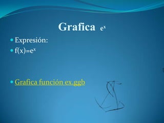 Grafica exExpresión: f(x)=exGrafica función ex.ggb