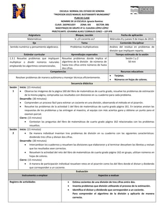 ESCUELA NORMAL DEL ESTADO DE SONORA
“PROFESOR JESÚS MANUEL BUSTAMANTE MUNGARRO”
PLAN DE CLASE
NOMBRE DE LA ESCUELA: Ignacio Ramírez
CLAVE: 26EPRO105Y ZONA: XIX SECTOR: 006
MAESTRA(O) DE GRUPO 4º A: CLAUDIA LÓPEZ LÓPEZ
PRÁCTICANTE: JOVANNA ALHELÍ CORRALES GINEZ – LEP 4ºB
Asignatura Bloque, Lección Fecha de aplicación
Matemáticas V. ¿El cociente es? Miércoles 8 y jueves 9 de mayo de 2013.
Eje Tema Contenido Disciplinar
Sentido numérico y pensamiento algebraico. Problemas multiplicativos Análisis del residuo en problemas de
división que impliquen reparto.
Estándar curricular Aprendizajes esperados Tiempo estimado de la sesión
1.3.1 Resuelve problemas que impliquen
multiplicar o dividir números naturales
empleando los algoritmos convencionales.
Resuelve problemas donde implica el
algoritmo de la división de números de
hasta tres cifras entre números de hasta
dos cifras.
Sesión 1 y 2
50 min
Competencias Recursos educativos
Resolver problemas de manera autónoma y manejar técnicas eficientemente.
Tarjetas.
Números en hojas de colores.
Secuencia didáctica
Sesión
1
Inicio: (15 minutos)
Observa las imágenes de la página 160 del libro de matemáticas de cuarto grado, resuelve los problemas de estimación
de la misma página, comprueba sus resultados con divisiones en su cuaderno para cada problema.
Desarrollo: (30 minutos)
Comprenden un proceso fácil para estimar un cociente en una división, observando el método en el pizarrón.
Resuelve los problemas de la actividad 1 del libro de matemáticas de cuarto grado página 161. En tarjetas anotan las
respuestas de los problemas y las entregan al maestro, el equipo con más aciertos gana y obtiene un punto para el
examen parcial.
Cierre: (15 minutos)
Contestan las preguntas del libro de matemáticas de cuarto grado página 162 relacionadas con los problemas
resueltos.
Sesión
2
Inicio: (15 minutos)
De manera individual inventan tres problemas de división en su cuaderno con las siguientes características:
dividendo tres cifras y divisor dos cifras.
Desarrollo: (30 minutos)
Intercambian los cuadernos y resuelven las divisiones que elaboraron y al terminar devuelven las libretas y revisan
que los resultados sean correctos.
Resuelven la actividad del reto del libro de matemáticas de cuarto grado página 162 en grupo, utilizan números en
hojas de colores.
Cierre: (15 minutos)
A manera de participación individual resuelven retos en el pizarrón como los del libro donde el divisor y dividendo
que corresponden a un cociente.
Evaluación
Instrumento a emplear Aspectos a evaluar
Registro de actividades Estima cocientes de una división de tres cifras entre dos.
Inventa problemas que división utilizando el proceso de la estimación.
Identifica el divisor y dividendo que corresponden a un cociente.
Para comprender el algoritmo de la división y aplicarlo de manera
correcta.
 