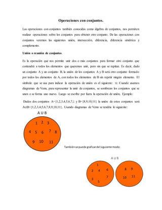 Operaciones con conjuntos.
Las operaciones con conjuntos también conocidas como álgebra de conjuntos, nos permiten
realizar operaciones sobre los conjuntos para obtener otro conjunto. De las operaciones con
conjuntos veremos las siguientes unión, intersección, diferencia, diferencia simétrica y
complemento.
Unión o reunión de conjuntos.
Es la operación que nos permite unir dos o más conjuntos para formar otro conjunto que
contendrá a todos los elementos que queremos unir, pero sin que se repitan. Es decir, dado
un conjunto A y un conjunto B, la unión de los conjuntos A y B será otro conjunto formado
por todos los elementos de A, con todos los elementos de B sin repetir ningún elemento. El
símbolo que se usa para indicar la operación de unión es el siguiente: ∪. Cuando usamos
diagramas de Venn, para representar la unió de conjuntos, se sombrean los conjuntos que se
unen o se forma uno nuevo. Luego se escribe por fuera la operación de unión, Ejemplo:
Dados dos conjuntos A={1,2,3,4,5,6,7,} y B={8,9,10,11} la unión de estos conjuntos será
A∪B={1,2,3,4,5,6,7,8,9,10,11}. Usando diagramas de Venn se tendría lo siguiente:
Tambiénse puede graficardel siguiente modo:
 