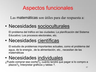 57
Las matemáticas son útiles para dar respuesta a:
• Necesidades socioculturales
El problema del tráfico en las ciudades; La planificación del Sistema
Educativo; Los procesos electorales, etc.
• Necesidades científicas
El estudio de problemas importantes actuales, como el problema del
agua, de la energía , de la alimentación, etc., necesitan de las
matemáticas
• Necesidades individuales
¿Puedo comprar ese coche?¿ cuánto tendré que pagar si lo compro a
plazos?¿ Interpretar gráficos y tablas ?.
Aspectos funcionales
 