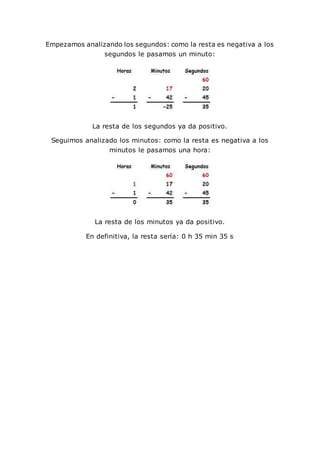 Empezamos analizando los segundos: como la resta es negativa a los
segundos le pasamos un minuto:
La resta de los segundos ya da positivo.
Seguimos analizado los minutos: como la resta es negativa a los
minutos le pasamos una hora:
La resta de los minutos ya da positivo.
En definitiva, la resta sería: 0 h 35 min 35 s
 
