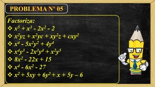 Factoriza:
 x5 + x3 - 2x2 - 2
 x2yz + x2yc + xy2z + cxy2
 x4 - 5x2y2 + 4y4
 x4y3 - 2x3y4 + x2y5
 8x2 - 22x + 15
 x4 - 6x2 - 27
 x2 + 5xy + 6y2 + x + 5y – 6
 