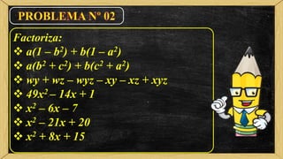 Factoriza:
 a(1 – b2) + b(1 – a2)
 a(b2 + c2) + b(c2 + a2)
 wy + wz – wyz – xy – xz + xyz
 49x2 – 14x + 1
 x2 – 6x – 7
 x2 – 21x + 20
 x2 + 8x + 15
 