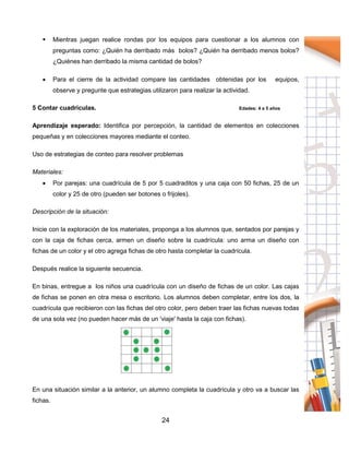24
 Mientras juegan realice rondas por los equipos para cuestionar a los alumnos con
preguntas como: ¿Quién ha derribado más bolos? ¿Quién ha derribado menos bolos?
¿Quiénes han derribado la misma cantidad de bolos?
 Para el cierre de la actividad compare las cantidades obtenidas por los equipos,
observe y pregunte que estrategias utilizaron para realizar la actividad.
5 Contar cuadrículas. Edades: 4 a 5 años
Aprendizaje esperado: Identifica por percepción, la cantidad de elementos en colecciones
pequeñas y en colecciones mayores mediante el conteo.
Uso de estrategias de conteo para resolver problemas
Materiales:
 Por parejas: una cuadrícula de 5 por 5 cuadraditos y una caja con 50 fichas, 25 de un
color y 25 de otro (pueden ser botones o frijoles).
Descripción de la situación:
Inicie con la exploración de los materiales, proponga a los alumnos que, sentados por parejas y
con la caja de fichas cerca, armen un diseño sobre la cuadrícula: uno arma un diseño con
fichas de un color y el otro agrega fichas de otro hasta completar la cuadrícula.
Después realice la siguiente secuencia.
En binas, entregue a los niños una cuadrícula con un diseño de fichas de un color. Las cajas
de fichas se ponen en otra mesa o escritorio. Los alumnos deben completar, entre los dos, la
cuadrícula que recibieron con las fichas del otro color, pero deben traer las fichas nuevas todas
de una sola vez (no pueden hacer más de un 'viaje' hasta la caja con fichas).
En una situación similar a la anterior, un alumno completa la cuadrícula y otro va a buscar las
fichas.
 