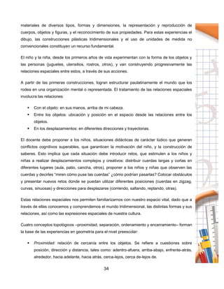 34
materiales de diversos tipos, formas y dimensiones, la representación y reproducción de
cuerpos, objetos y figuras, y el reconocimiento de sus propiedades. Para estas experiencias el
dibujo, las construcciones plásticas tridimensionales y el uso de unidades de medida no
convencionales constituyen un recurso fundamental.
El niño y la niña, desde los primeros años de vida experimentan con la forma de los objetos y
las personas (juguetes, utensilios, rostros, otros), y van construyendo progresivamente las
relaciones espaciales entre estos, a través de sus acciones.
A partir de las primeras construcciones, logran estructurar paulatinamente el mundo que los
rodea en una organización mental o representada. El tratamiento de las relaciones espaciales
involucra las relaciones:
 Con el objeto: en sus manos, arriba de mi cabeza.
 Entre los objetos: ubicación y posición en el espacio desde las relaciones entre los
objetos.
 En los desplazamientos: en diferentes direcciones y trayectorias.
El docente debe proponer a los niños, situaciones didácticas de carácter lúdico que generen
conflictos cognitivos superables, que garanticen la motivación del niño, y la construcción de
saberes. Esto implica que cada situación debe introducir retos, que estimulen a los niños y
niñas a realizar desplazamientos complejos y creativos: distribuir cuerdas largas y cortas en
diferentes lugares (aula, patio, cancha, otros), proponer a los niños y niñas que observen las
cuerdas y decirles “miren cómo puse las cuerdas” ¿cómo podrían pasarlas? Colocar obstáculos
y presentar nuevos retos donde se puedan utilizar diferentes posiciones (cuerdas en zigzag,
curvas, sinuosas) y direcciones para desplazarse (corriendo, saltando, reptando, otras).
Estas relaciones espaciales nos permiten familiarizarnos con nuestro espacio vital, dado que a
través de ellas conocemos y comprendemos el mundo tridimensional, las distintas formas y sus
relaciones, así como las expresiones espaciales de nuestra cultura.
Cuatro conceptos topológicos –proximidad, separación, ordenamiento y encerramiento– forman
la base de las experiencias en geometría para el nivel preescolar:
 Proximidad: relación de cercanía entre los objetos. Se refiere a cuestiones sobre
posición, dirección y distancia, tales como: adentro-afuera, arriba-abajo, enfrente-atrás,
alrededor, hacia adelante, hacia atrás, cerca-lejos, cerca de-lejos de.
 