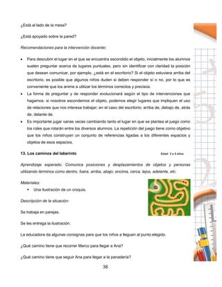 38
¿Está al lado de la mesa?
¿Está apoyado sobre la pared?
Recomendaciones para la intervención docente:
 Para descubrir el lugar en el que se encuentra escondido el objeto, inicialmente los alumnos
suelen preguntar acerca de lugares puntuales, pero sin identificar con claridad la posición
que desean comunicar, por ejemplo, ¿está en el escritorio? Si el objeto estuviera arriba del
escritorio, es posible que algunos niños duden si deben responder sí o no, por lo que es
conveniente que los anime a utilizar los términos correctos y precisos.
 La forma de preguntar y de responder evolucionará según el tipo de intervenciones que
hagamos: si nosotros escondemos el objeto, podemos elegir lugares que impliquen el uso
de relaciones que nos interesa trabajar; en el caso del escritorio: arriba de, debajo de, atrás
de, delante de.
 Es importante jugar varias veces cambiando tanto el lugar en que se plantea el juego como
los roles que rotarán entre los diversos alumnos. La repetición del juego tiene como objetivo
que los niños construyan un conjunto de referencias ligadas a los diferentes espacios y
objetos de esos espacios.
13. Los caminos del laberinto Edad: 3 a 5 años
Aprendizaje esperado: Comunica posiciones y desplazamientos de objetos y personas
utilizando términos como dentro, fuera, arriba, abajo, encima, cerca, lejos, adelante, etc.
Materiales:
 Una ilustración de un croquis.
Descripción de la situación:
Se trabaja en parejas.
Se les entrega la ilustración.
La educadora da algunas consignas para que los niños a lleguen al punto elegido.
¿Qué camino tiene que recorrer Marco para llegar a Ana?
¿Qué camino tiene que seguir Ana para llegar a la panadería?
 