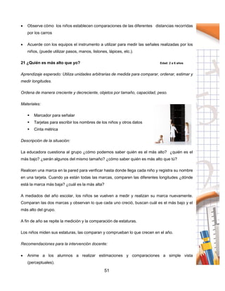 51
 Observe cómo los niños establecen comparaciones de las diferentes distancias recorridas
por los carros
 Acuerde con los equipos el instrumento a utilizar para medir las señales realizadas por los
niños, (puede utilizar pasos, manos, listones, lápices, etc.).
21 ¿Quién es más alto que yo? Edad: 2 a 6 años
Aprendizaje esperado: Utiliza unidades arbitrarias de medida para comparar, ordenar, estimar y
medir longitudes.
Ordena de manera creciente y decreciente, objetos por tamaño, capacidad, peso.
Materiales:
 Marcador para señalar
 Tarjetas para escribir los nombres de los niños y otros datos
 Cinta métrica
Descripción de la situación:
La educadora cuestiona al grupo ¿cómo podemos saber quién es el más alto? ¿quién es el
más bajo? ¿serán algunos del mismo tamaño? ¿cómo saber quién es más alto que tú?
Realicen una marca en la pared para verificar hasta donde llega cada niño y registra su nombre
en una tarjeta. Cuando ya están todas las marcas, comparen las diferentes longitudes ¿dónde
está la marca más baja? ¿cuál es la más alta?
A mediados del año escolar, los niños se vuelven a medir y realizan su marca nuevamente.
Comparan las dos marcas y observan lo que cada uno creció, buscan cuál es el más bajo y el
más alto del grupo.
A fin de año se repite la medición y la comparación de estaturas.
Los niños miden sus estaturas, las comparan y comprueban lo que crecen en el año.
Recomendaciones para la intervención docente:
 Anime a los alumnos a realizar estimaciones y comparaciones a simple vista
(perceptuales).
 